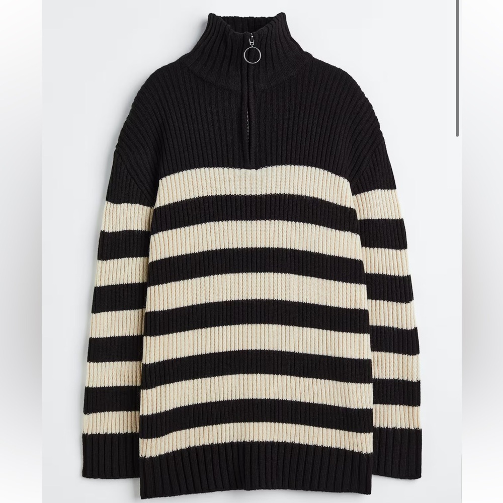 H&M Zip-Top Rib-Knit Jumper Sweater Women’s Size Medium Black & White Stripe
